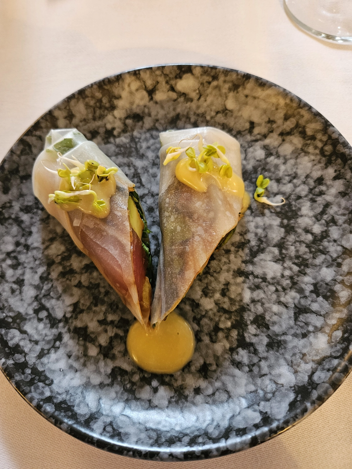 Wegeners Landhaus UG - Hotel & Restaurant - frische Frühlingsrollen oder eine ähnlich delikate Vorspeise, gerne mit rohem Fisch und in Reispapier eingewickeltem Gemüse.